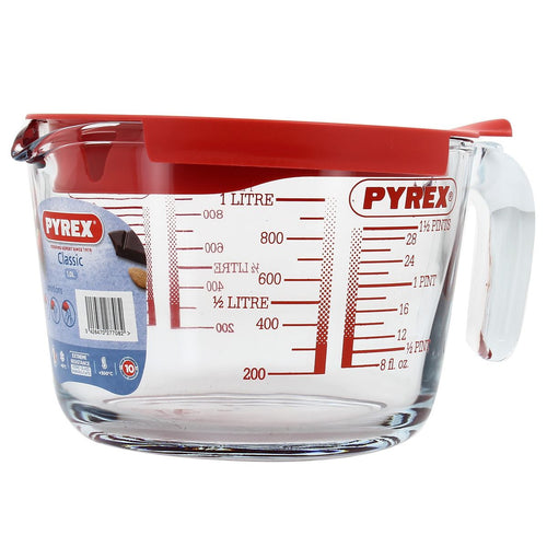 One liter measuring cup with lid made in France. Add this to your French Borosilicate Cookware collection.